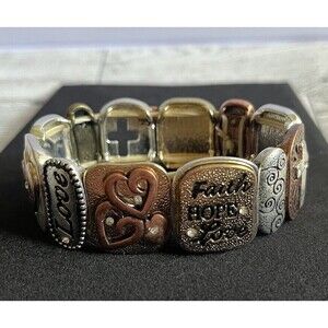 Mixed Metal Spiritual Faith Hope Love Hearts Christian Stretch Bracelet 8"
